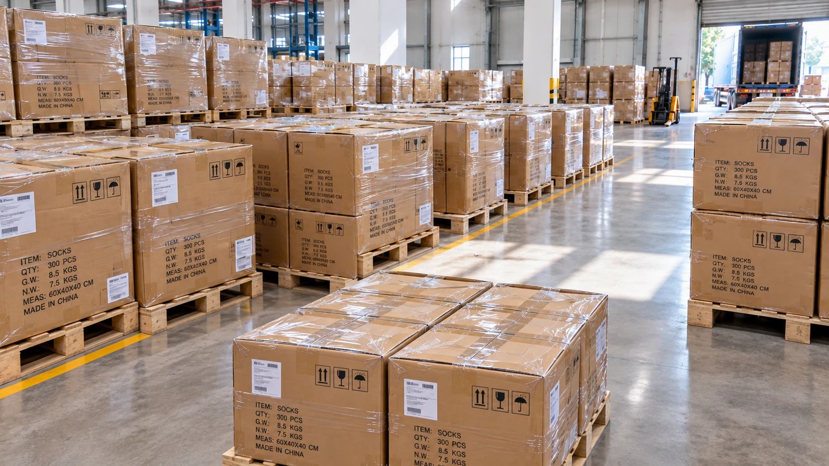 Packed sock cartons on pallets in a shipment area
