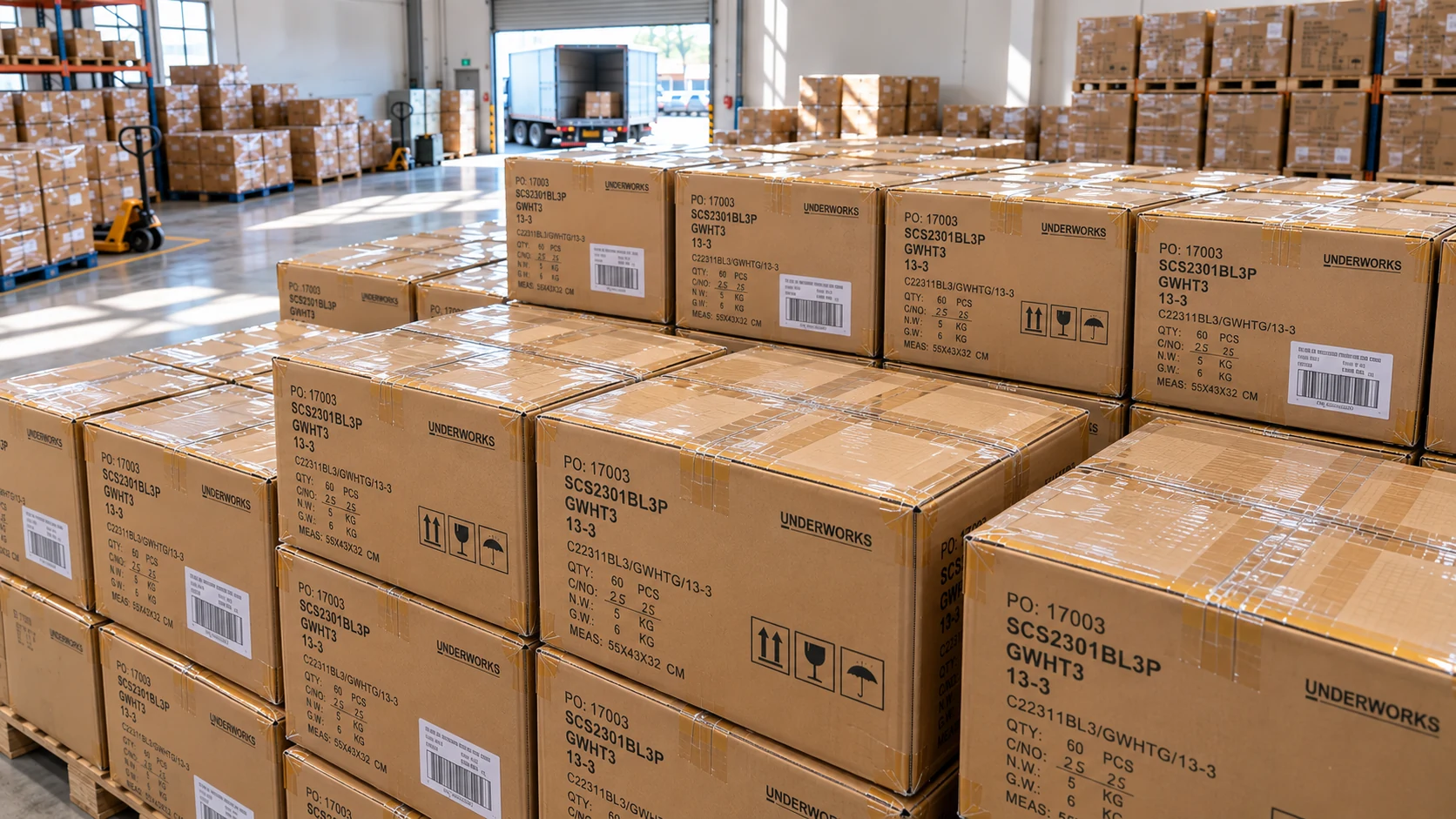 Sealed sock cartons staged in a warehouse