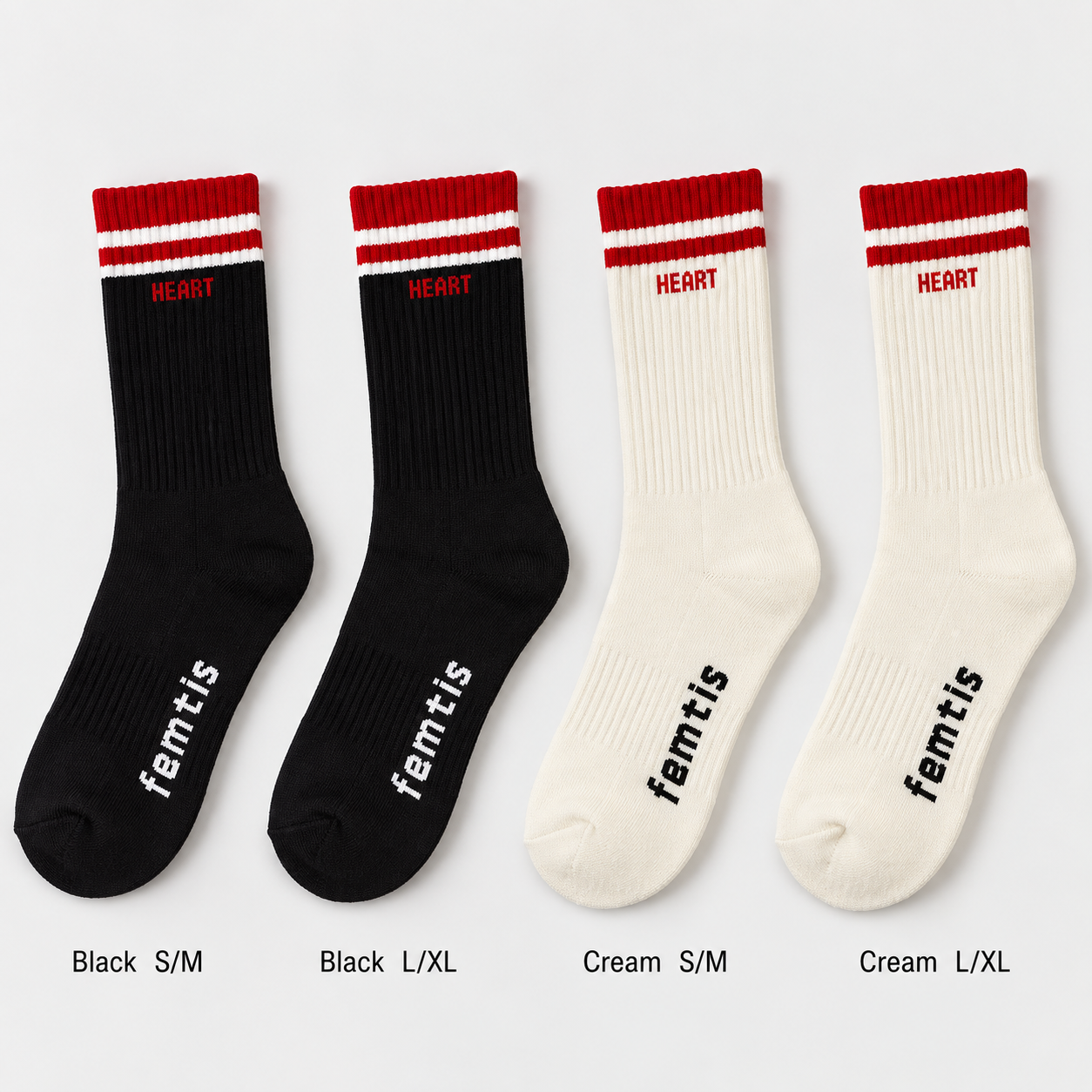 Black and cream crew socks shown in two sizes to illustrate four SKUs