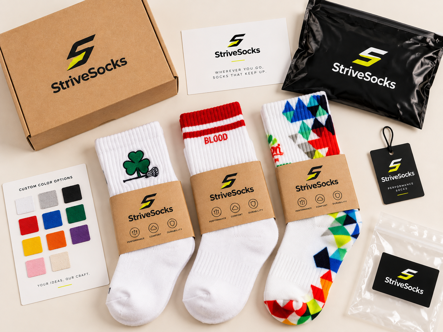 Sock styles, color references and packaging for a focused first brand launch