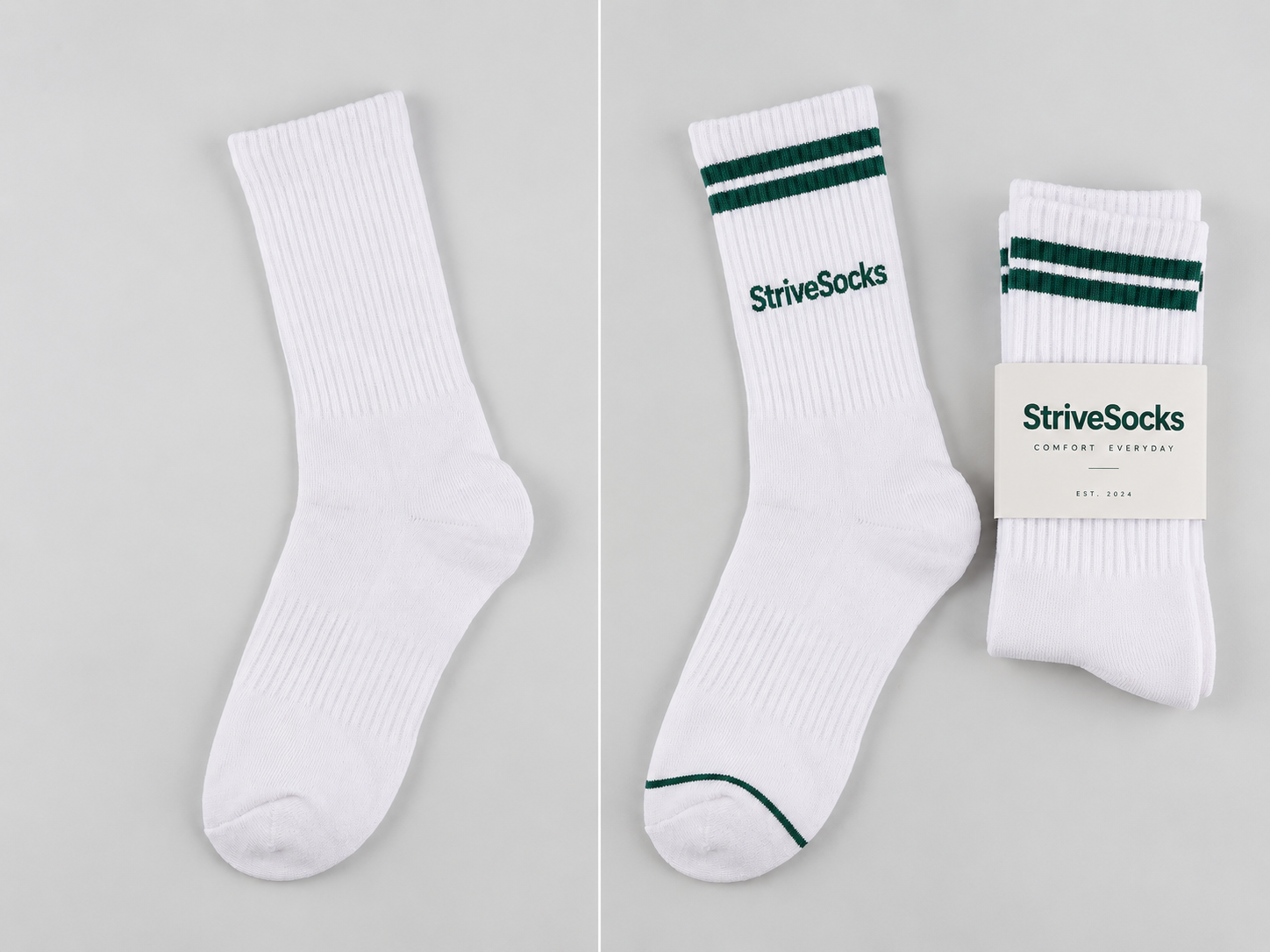 Basic white sock developed into a branded green-striped private label style