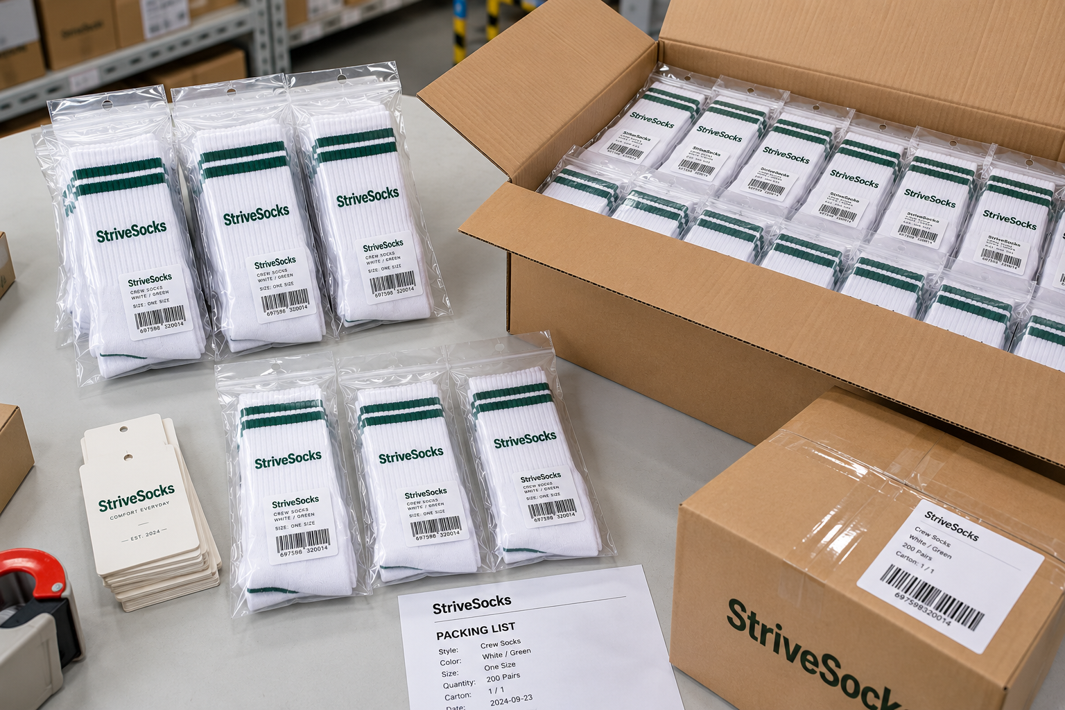 Small branded sock order packed and ready to ship