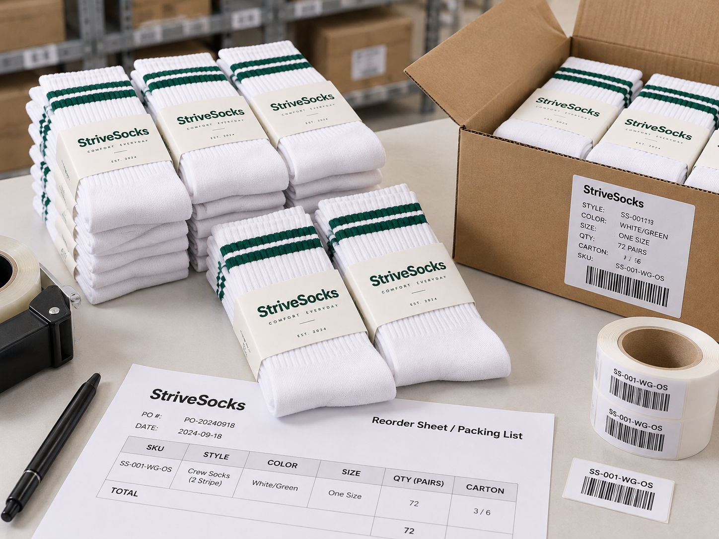 Branded sock stock prepared beside a reorder sheet and carton