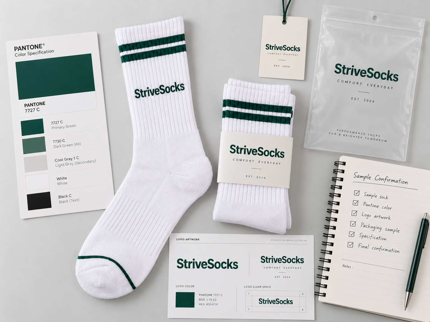 Sock sample beside color references, packaging and approval checklist