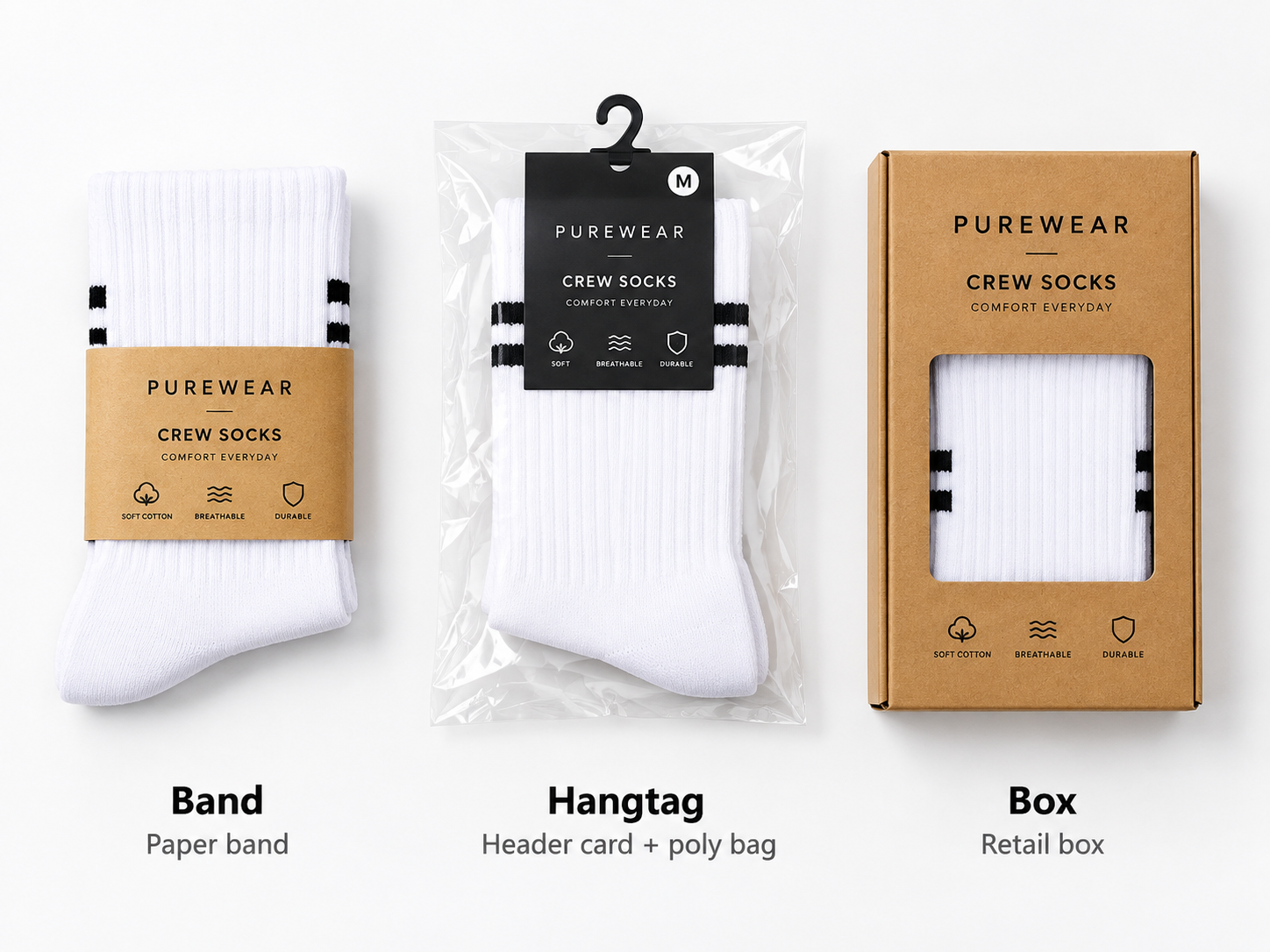 Paper band, hangtag and retail box options for private label socks