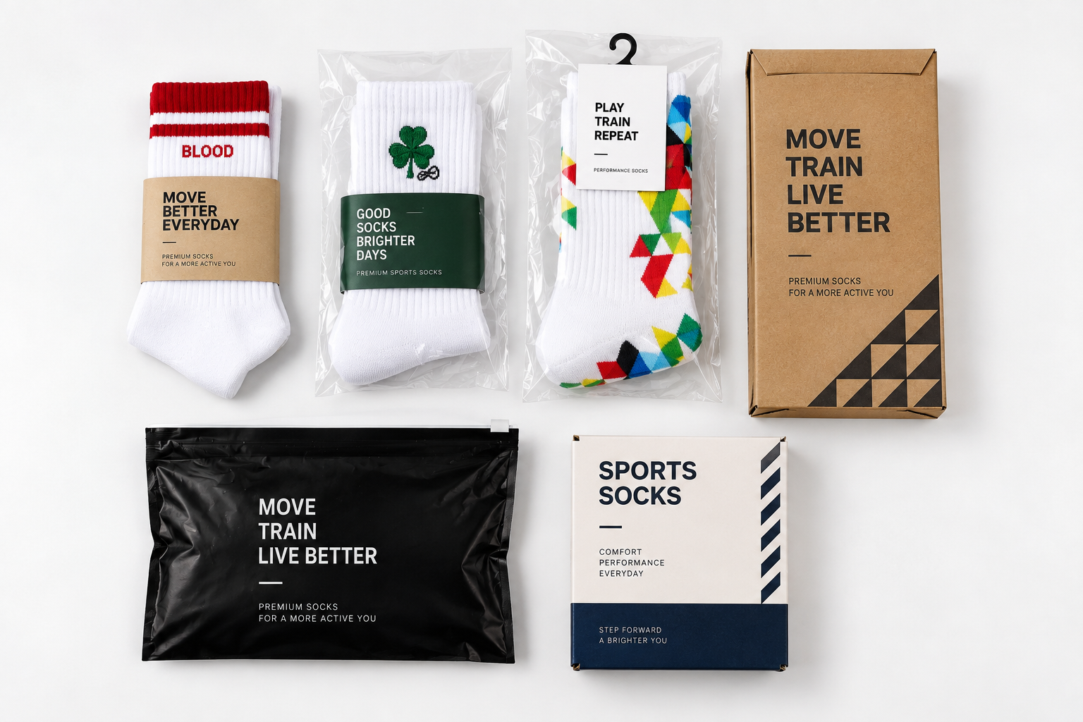 Socks presented with paper bands, bags, hangtags and retail boxes