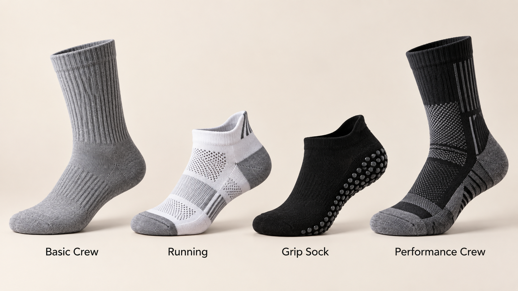 Basic crew, running, grip and performance sock styles compared