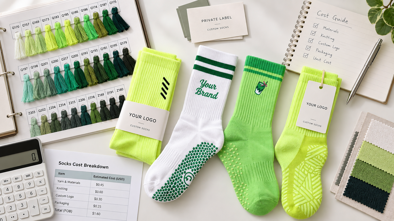 Private label sock styles, yarn colors and an illustrative cost planning worksheet
