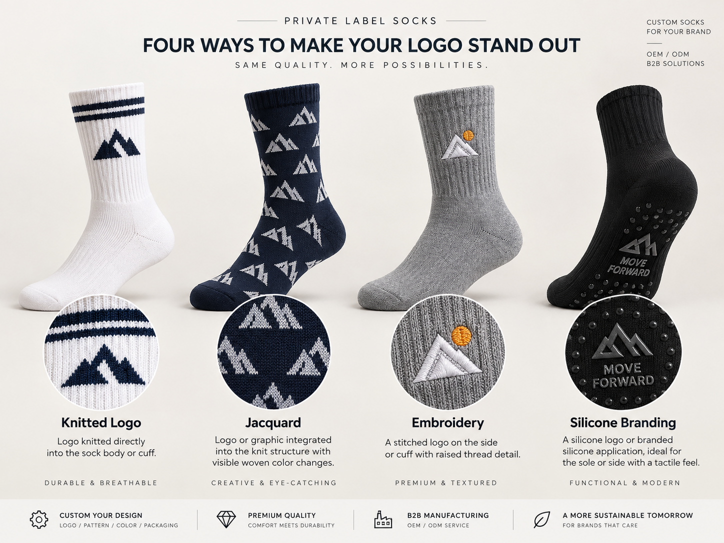 Examples of knitted, jacquard, embroidered and silicone sock branding methods
