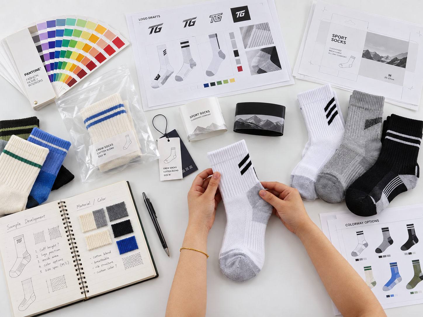 Sock sample evaluation with color cards, artwork, packaging and physical socks