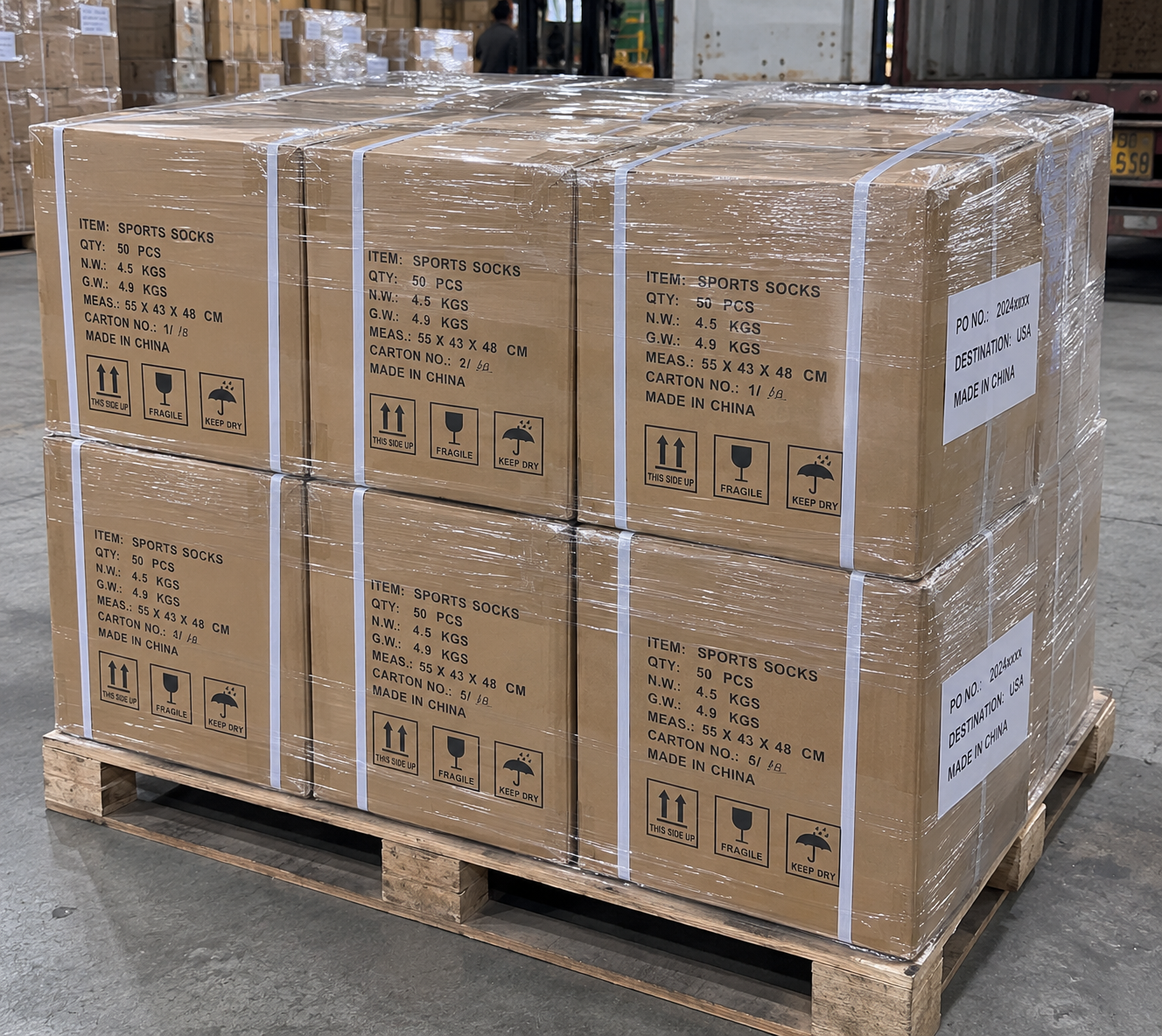 Pallet of sports sock cartons prepared for international shipment