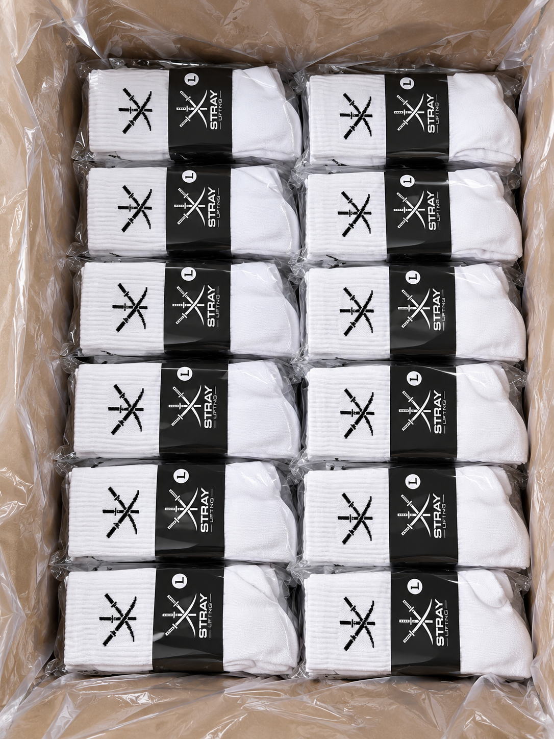 Carton of packaged socks ready for a private label order