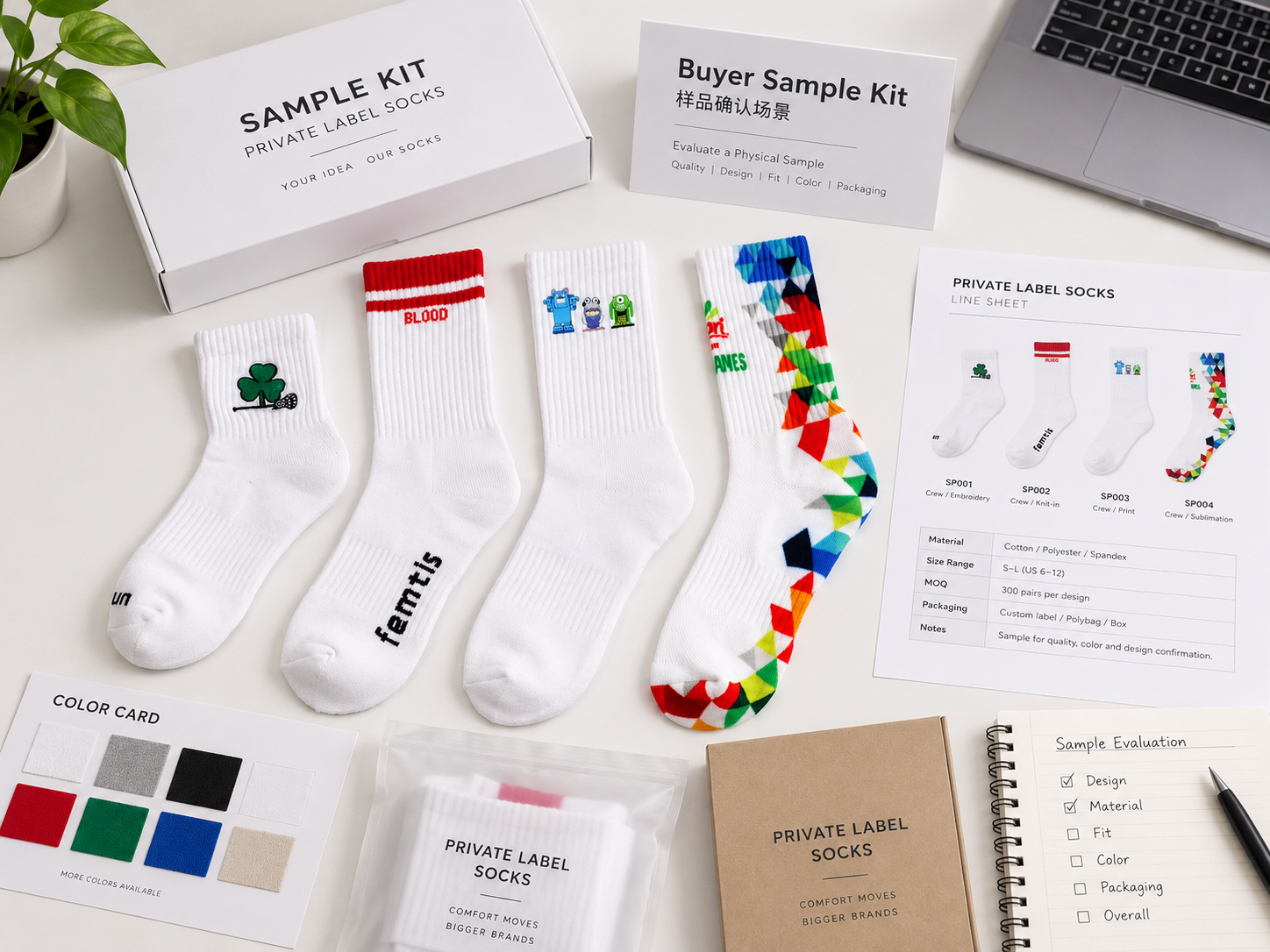Private label sock sample kit with product samples, color cards, packaging and evaluation notes