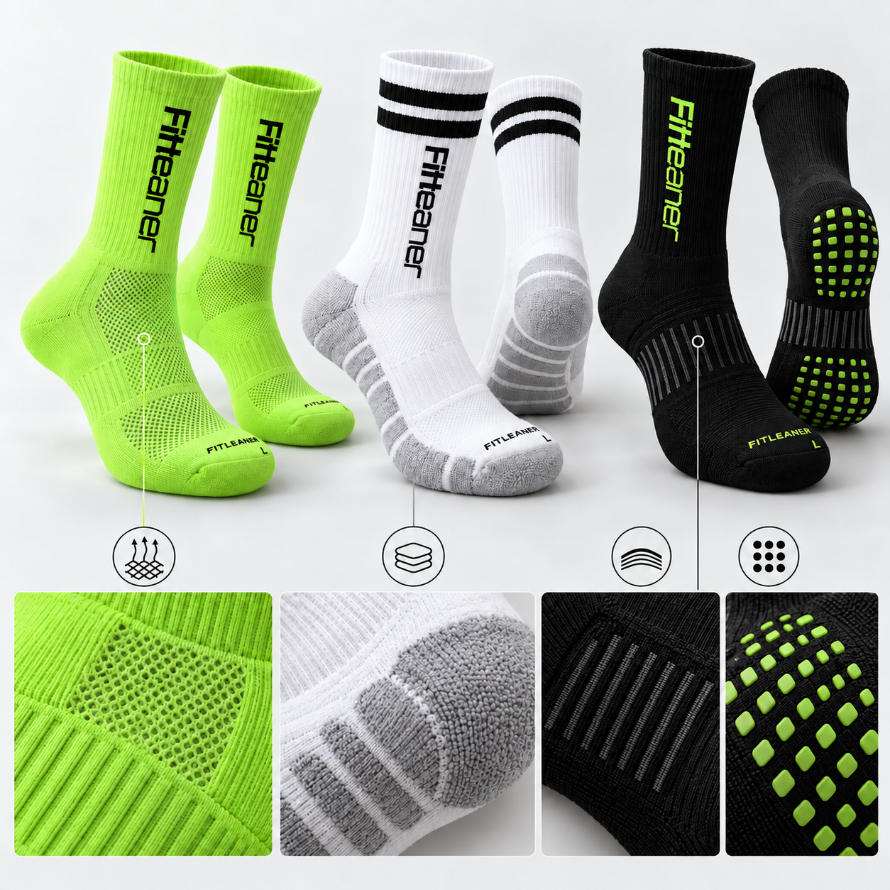 Examples of technical sock construction and grip details for fully custom development