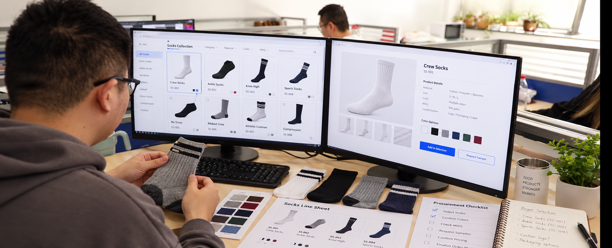 Buyer comparing sock styles and product details before selecting a range