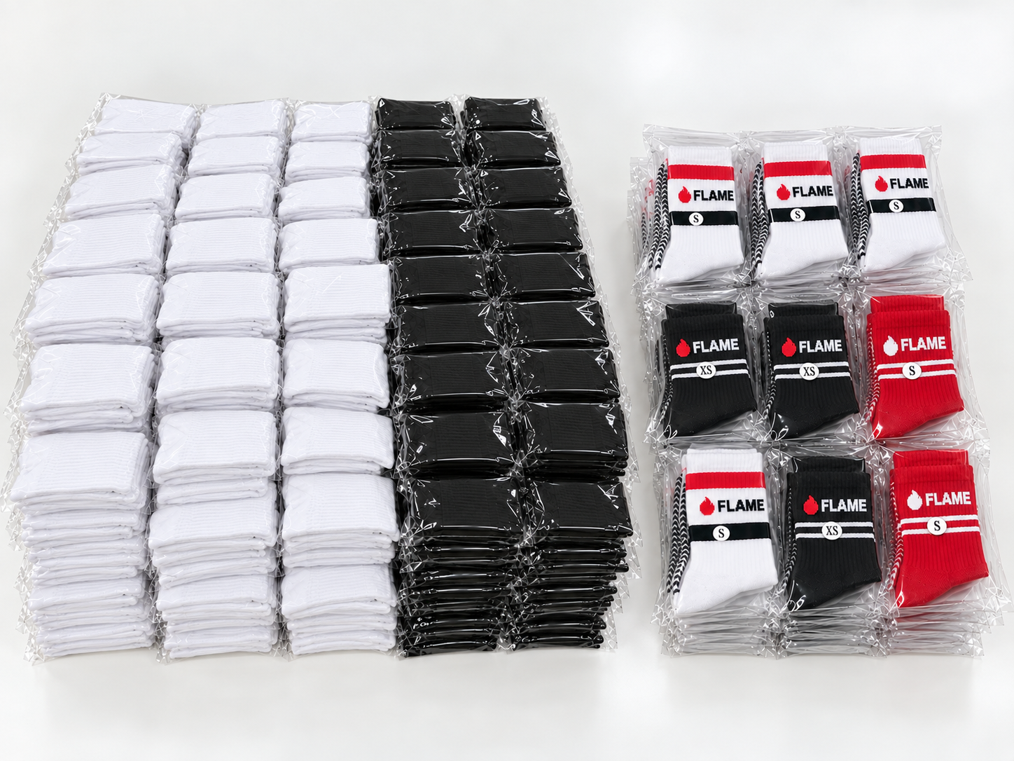 Unbranded and branded sock inventory arranged for planning