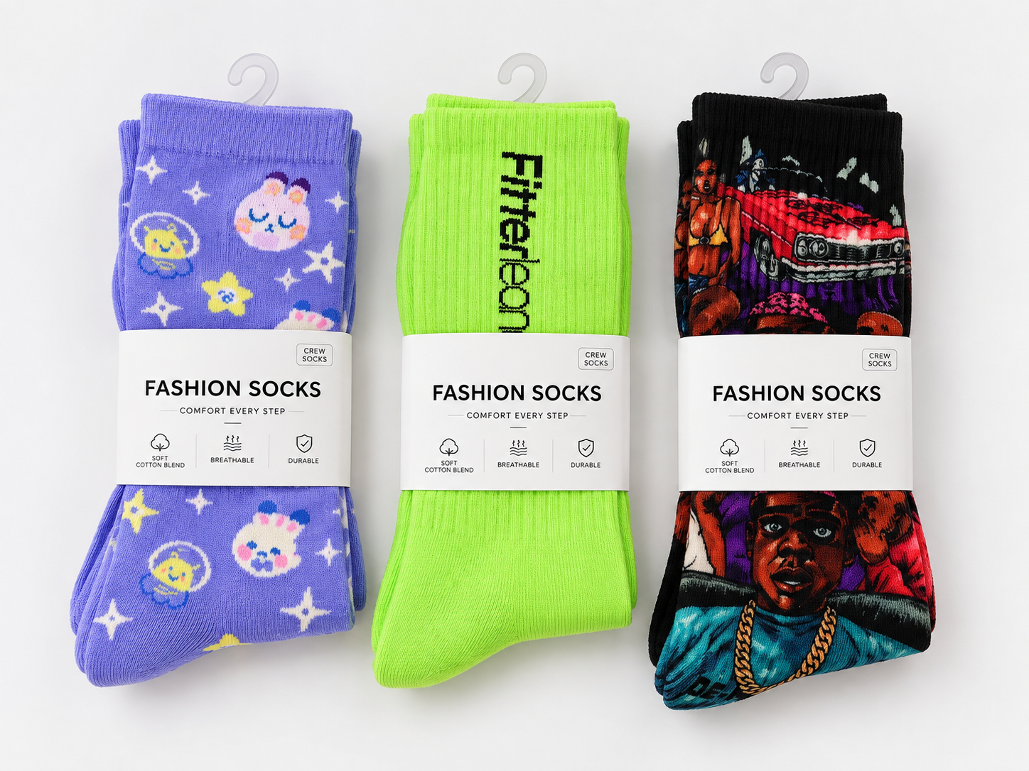 Three ready-to-sell wholesale sock designs with retail bands