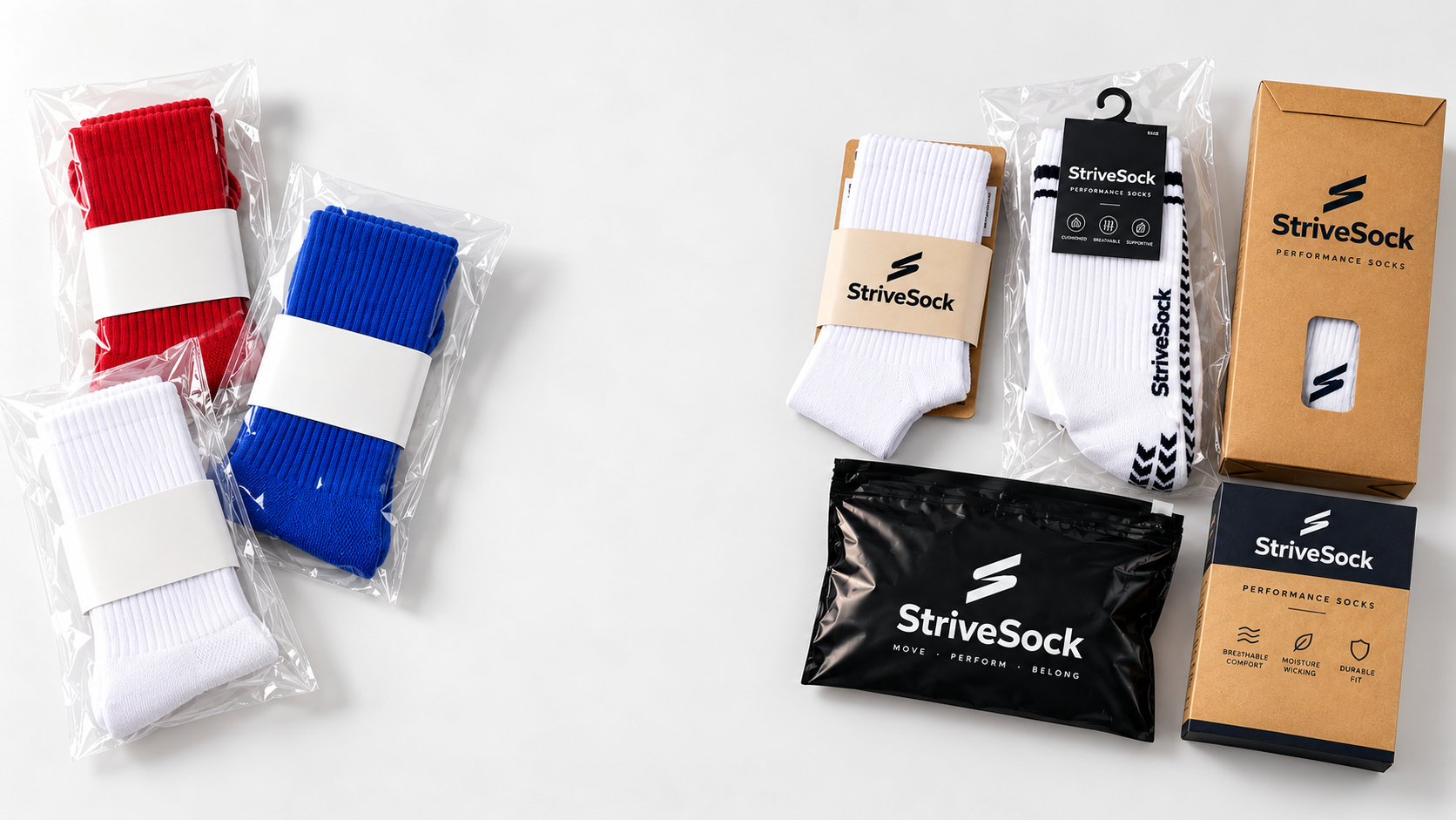 Wholesale-ready and private label sock packaging compared side by side