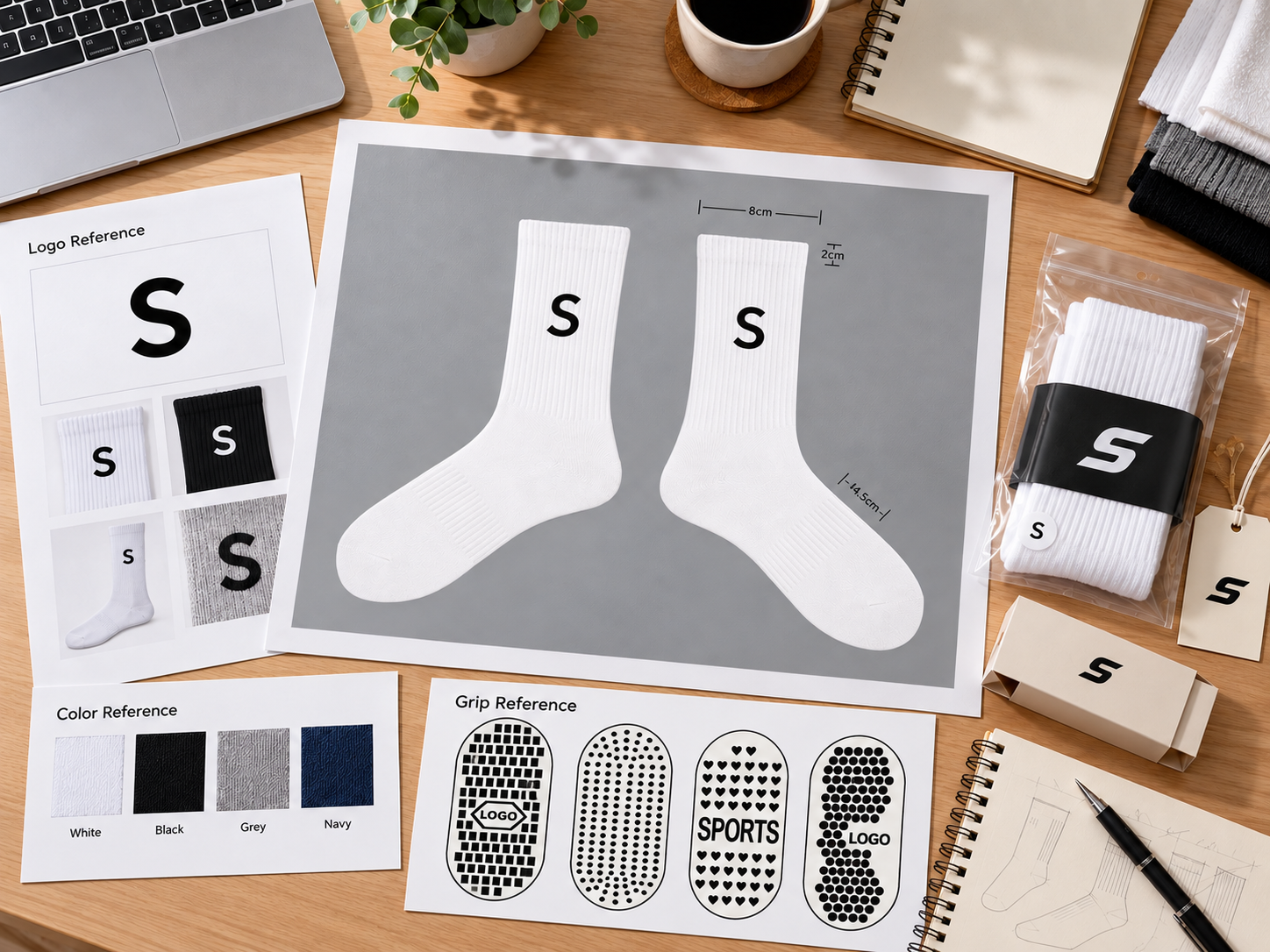 Football sock product brief showing logo, grip, color and packaging references