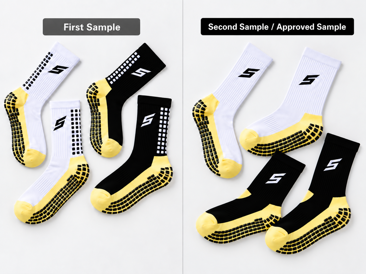 Football grip sock sample revision showing development before production approval