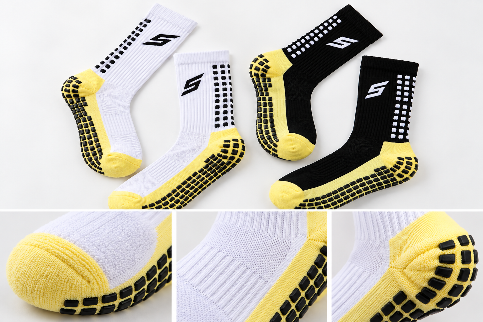 First-sample cushioning and knit construction details for a football grip sock
