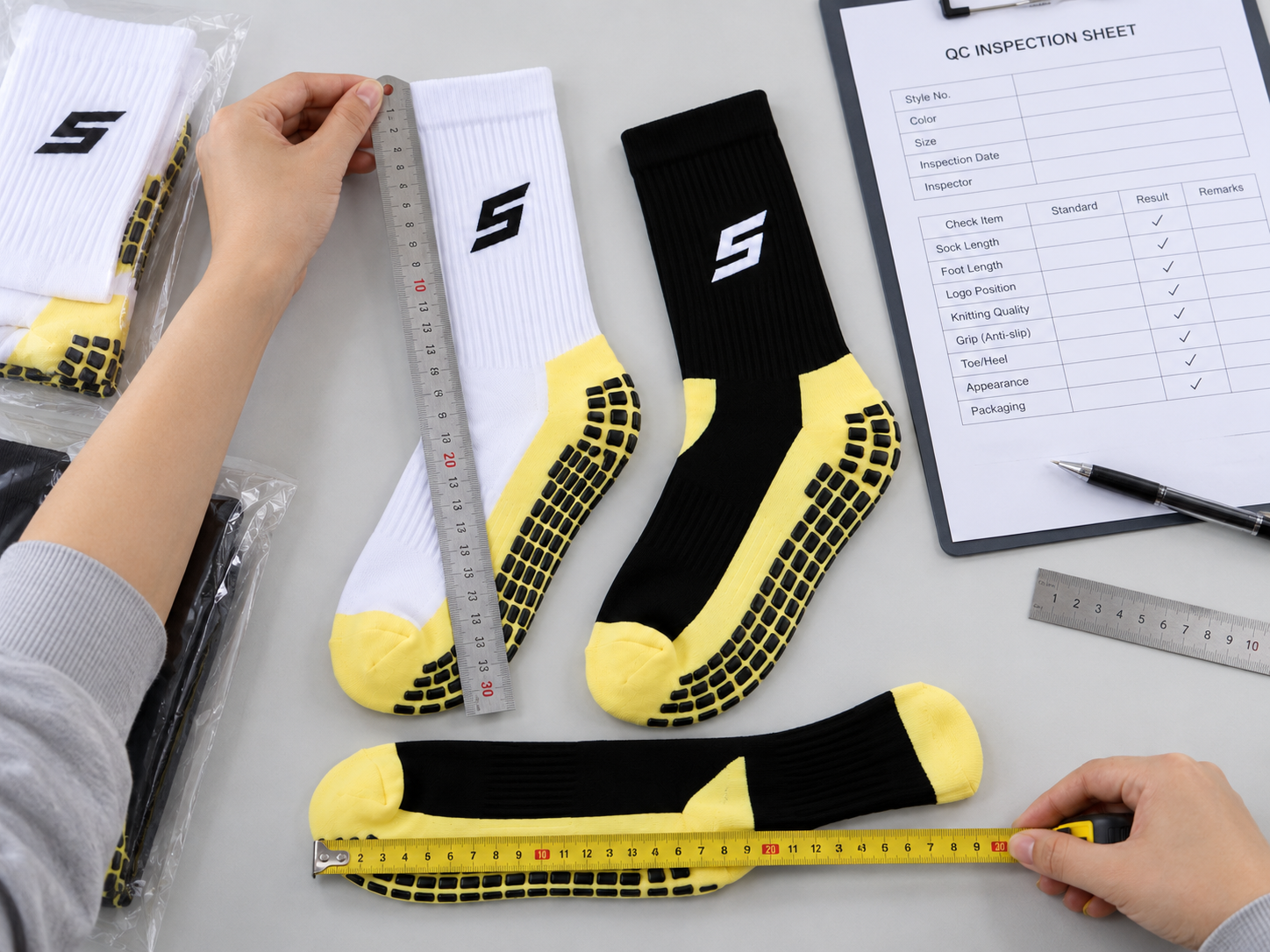 Football grip sock measurements and quality-control inspection