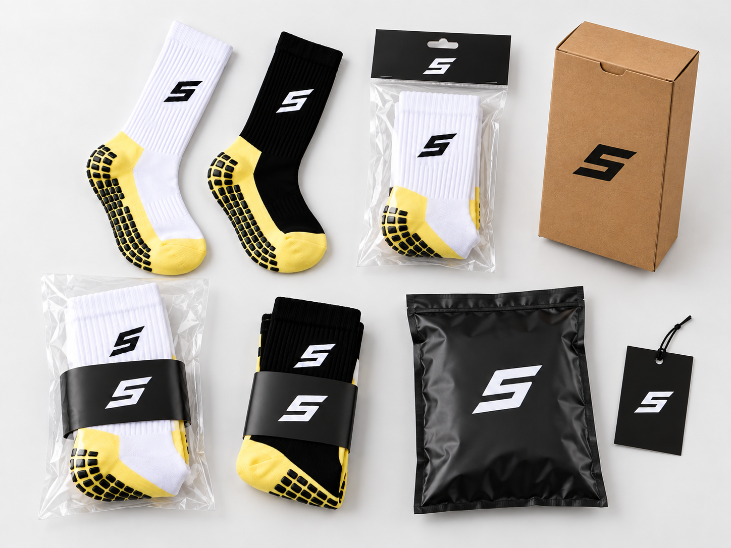 Football grip sock packaging options including band, bag, hangtag and box