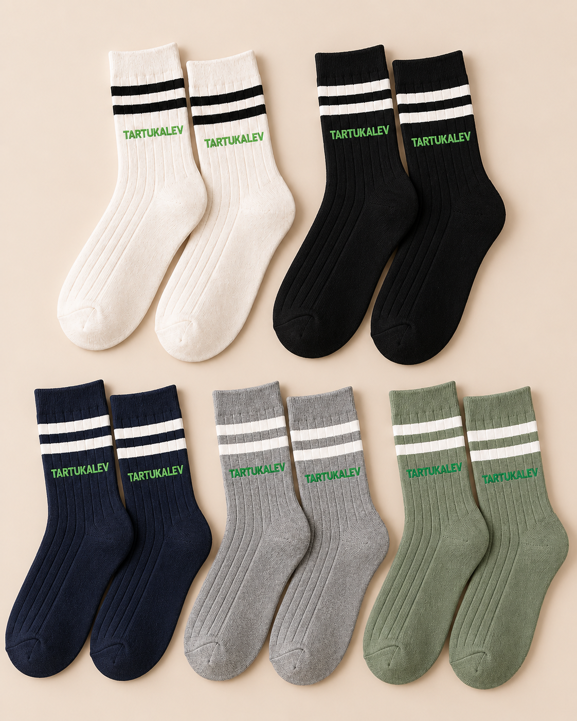 Coordinated cream, black, navy, grey and green crew sock colorways