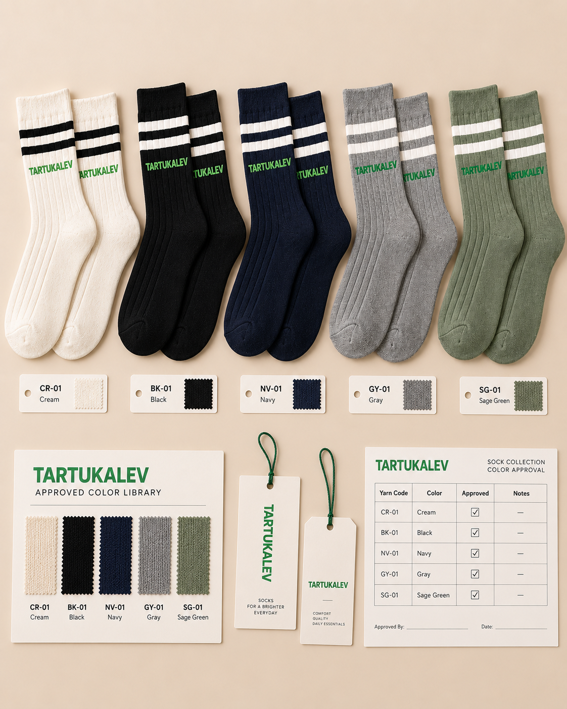 Crew sock color library with yarn swatches and color reference cards