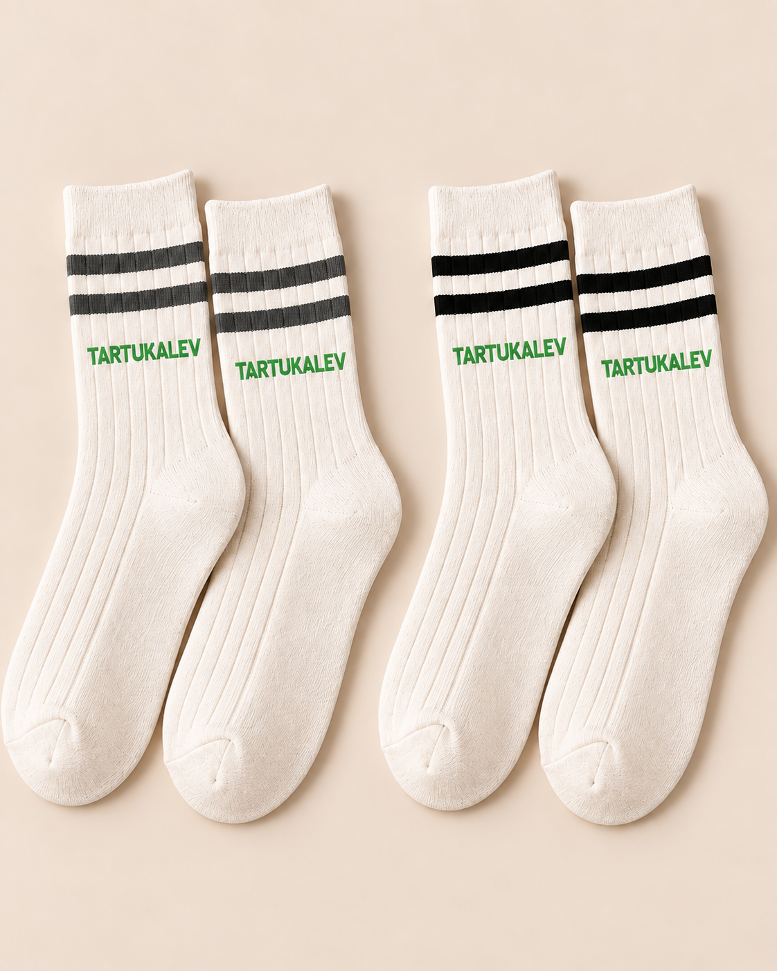 Cream crew socks shown with softer grey and stronger black stripe contrast