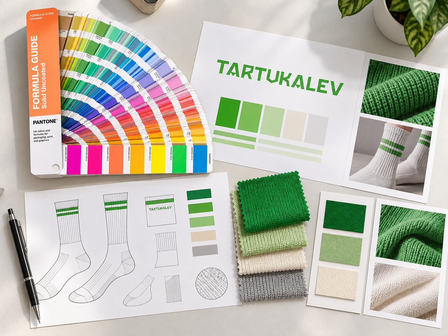 Lifestyle sock color brief with a color fan, yarn swatches and crew sock sketches