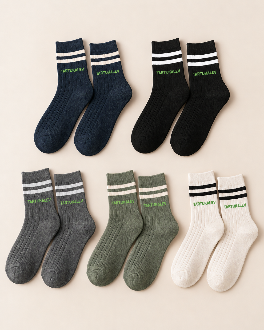 First group of navy, black, grey, green and cream striped crew sock samples