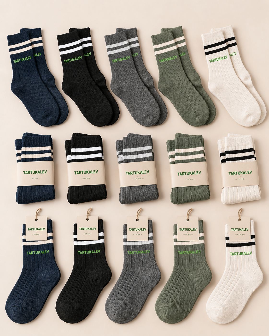 Coordinated lifestyle crew socks shown as loose pairs and folded retail units