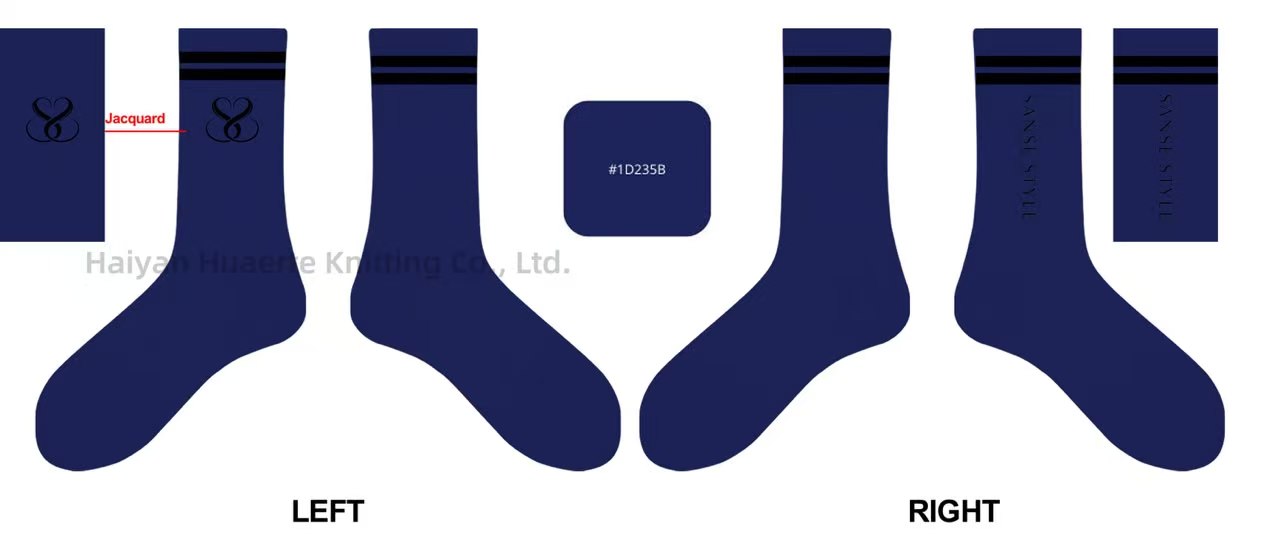 Blue crew sock color and jacquard logo placement drawing
