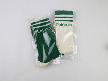Example of branded socks in individual clear bags