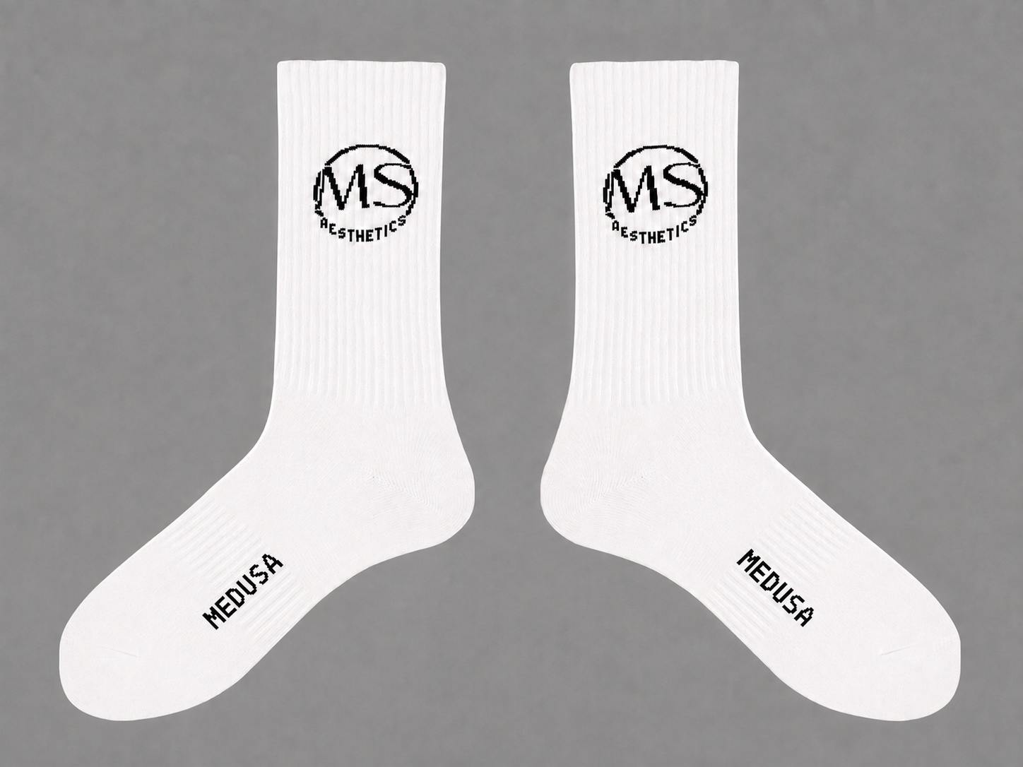 White crew sock render with MS Aesthetics and MEDUSA branding