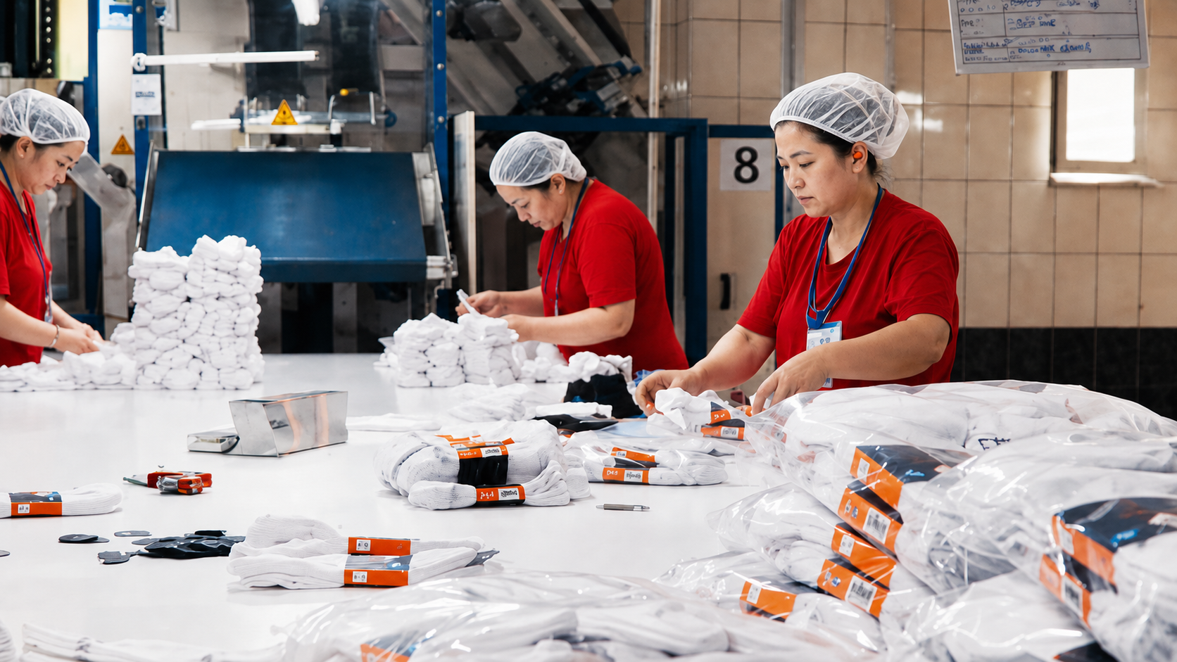 Workers sorting and packing socks at a production table