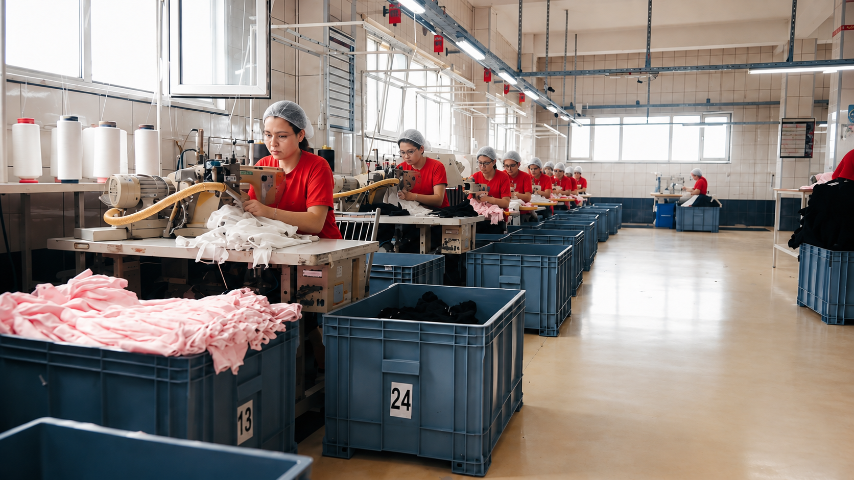 Workers handling socks along a production finishing line