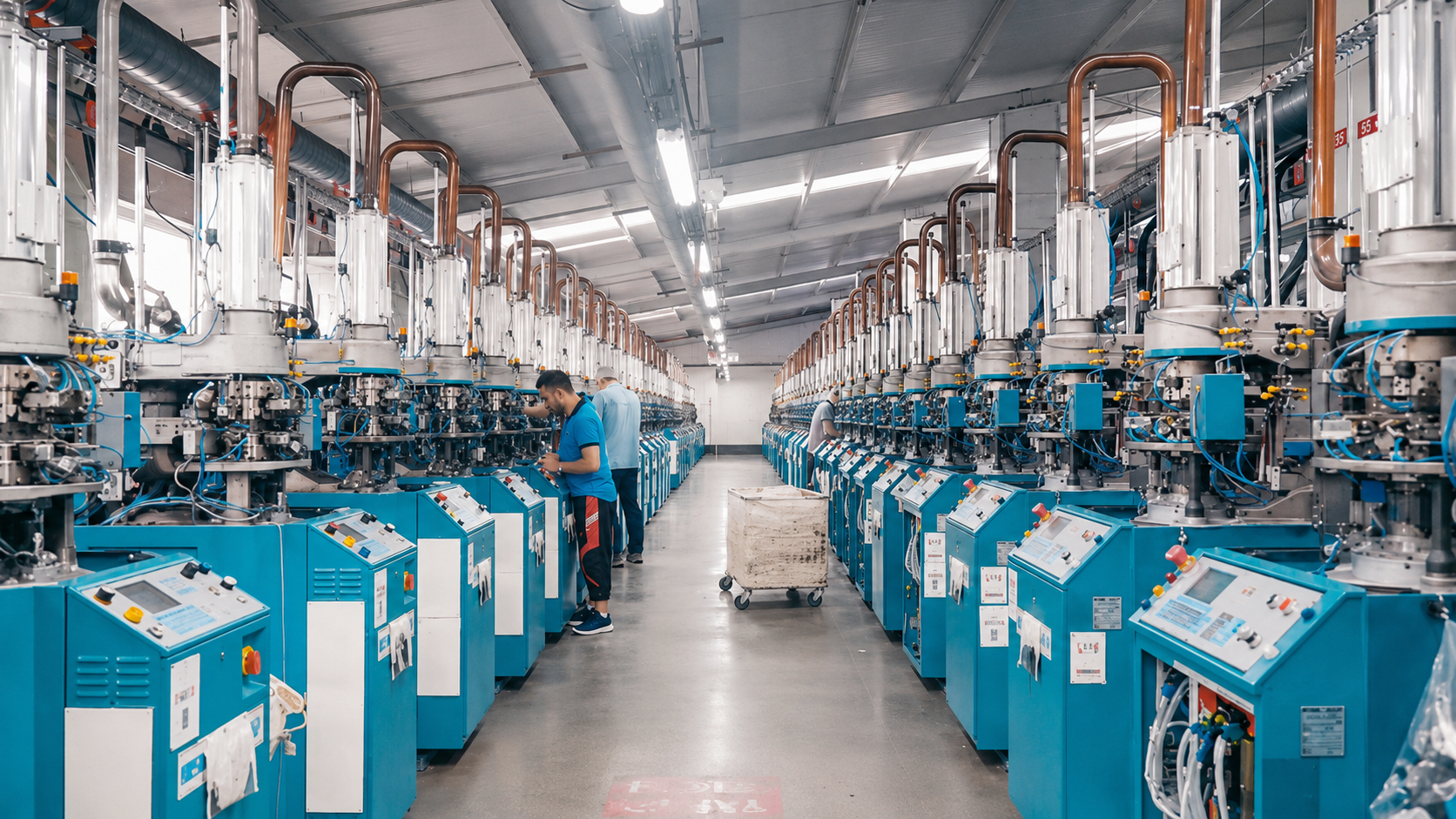 Rows of sock knitting machines on a production floor