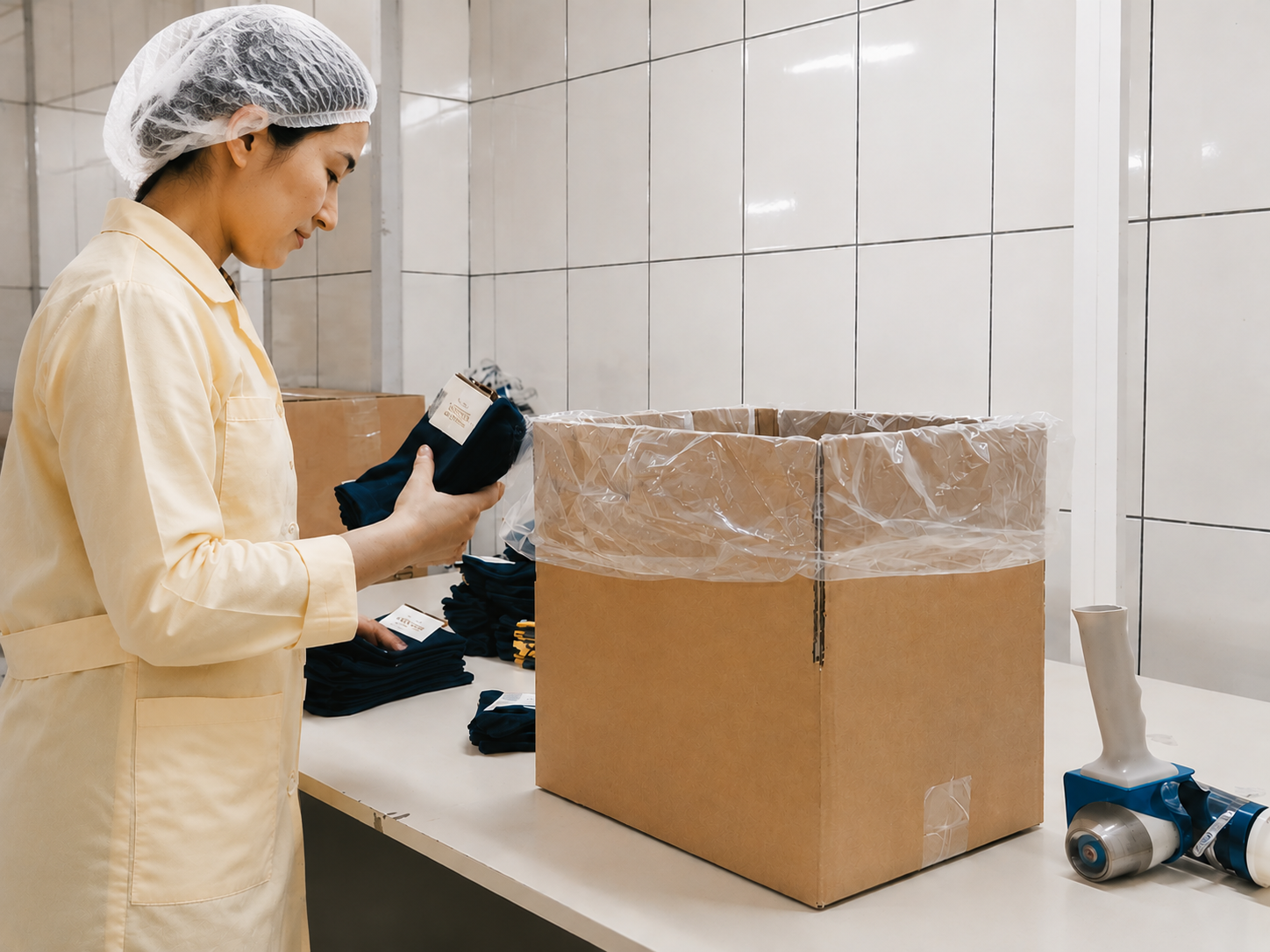 Worker checking folded socks beside an open shipping carton
