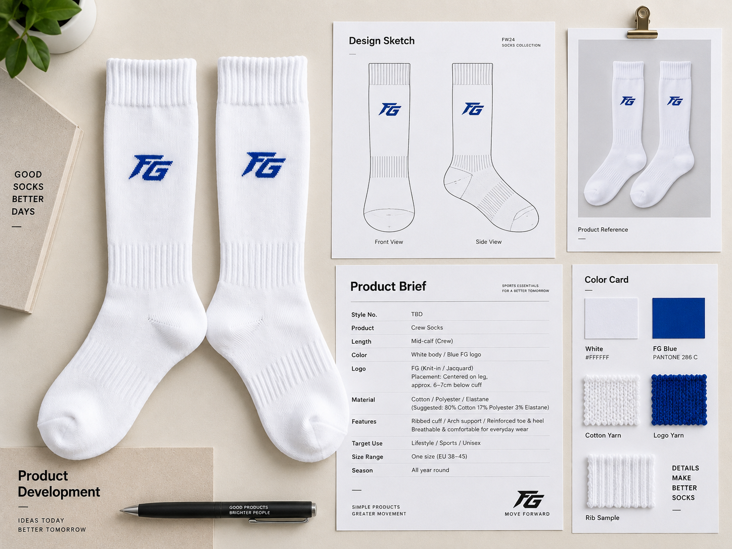 Custom sock product brief framework showing end use, product requirements, visual language and commercial context