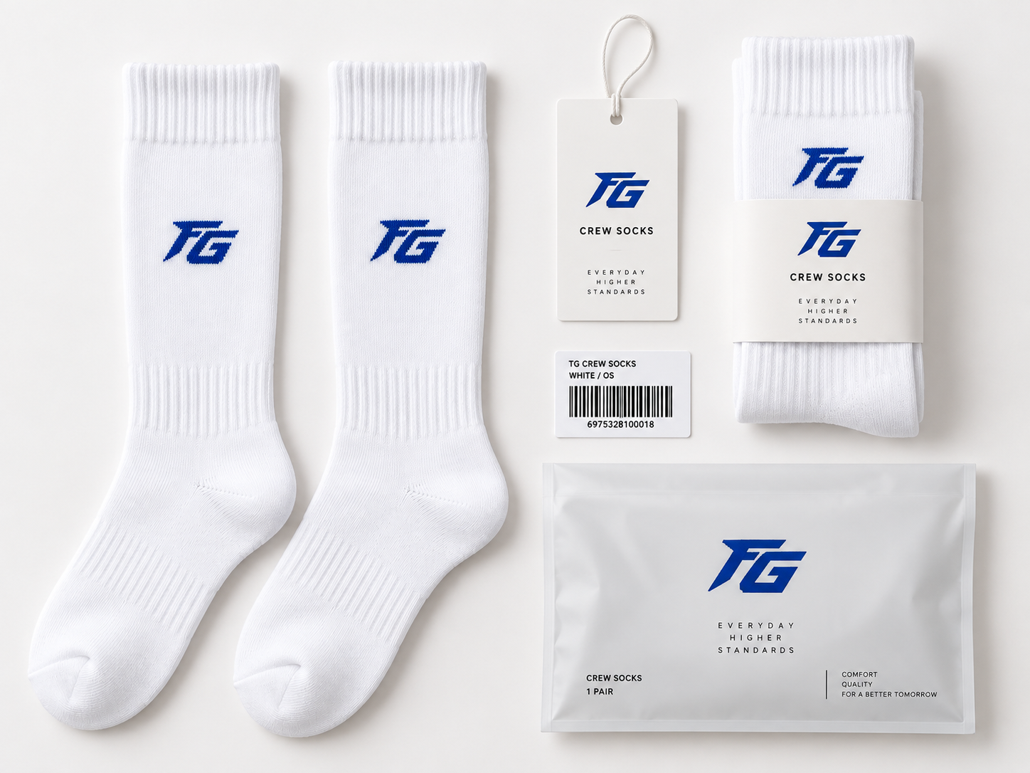 Fully custom sock retail program with socks, hangtag, barcode label, paper band and branded pouch