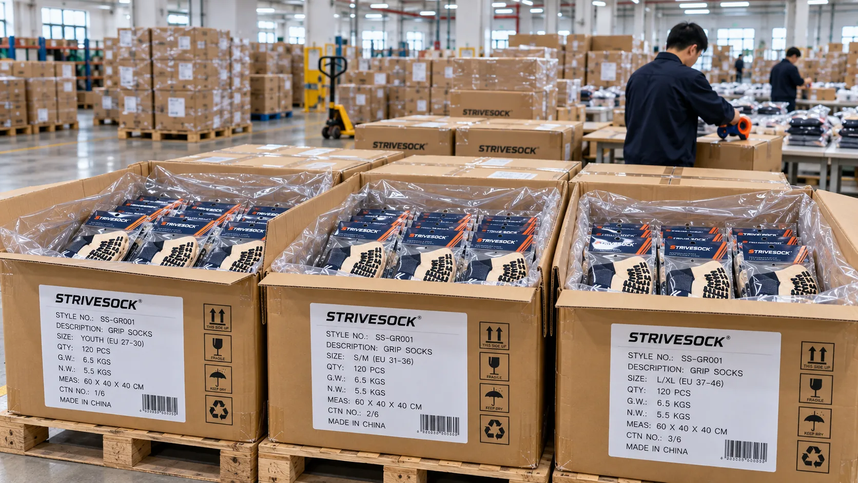 Labeled cartons and packed socks prepared in a warehouse