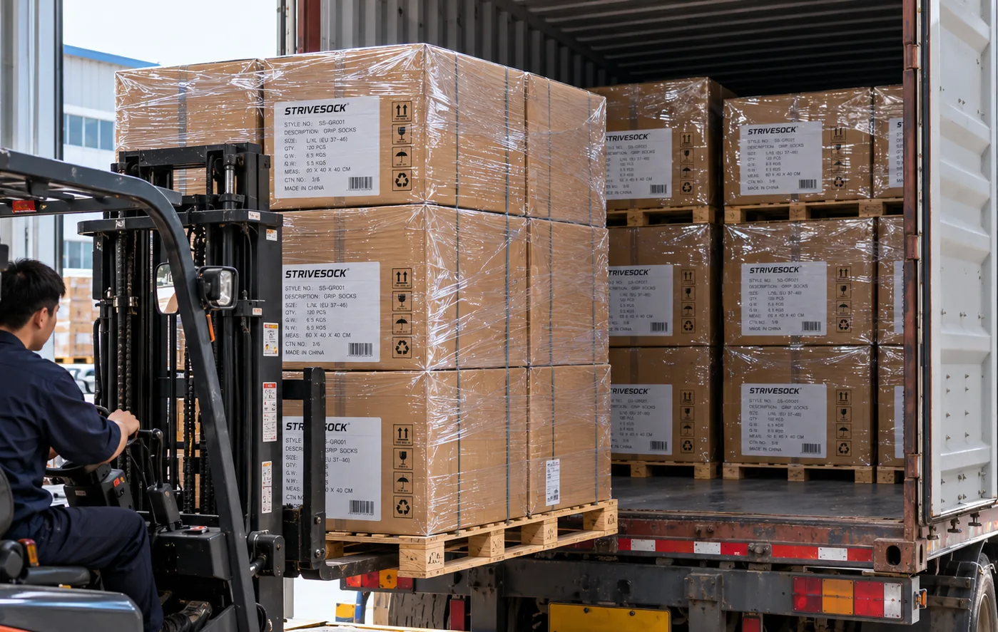 Palletized sock cartons being loaded for shipment