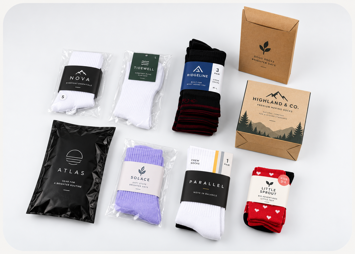 Private label socks displayed with multiple retail-ready packaging options