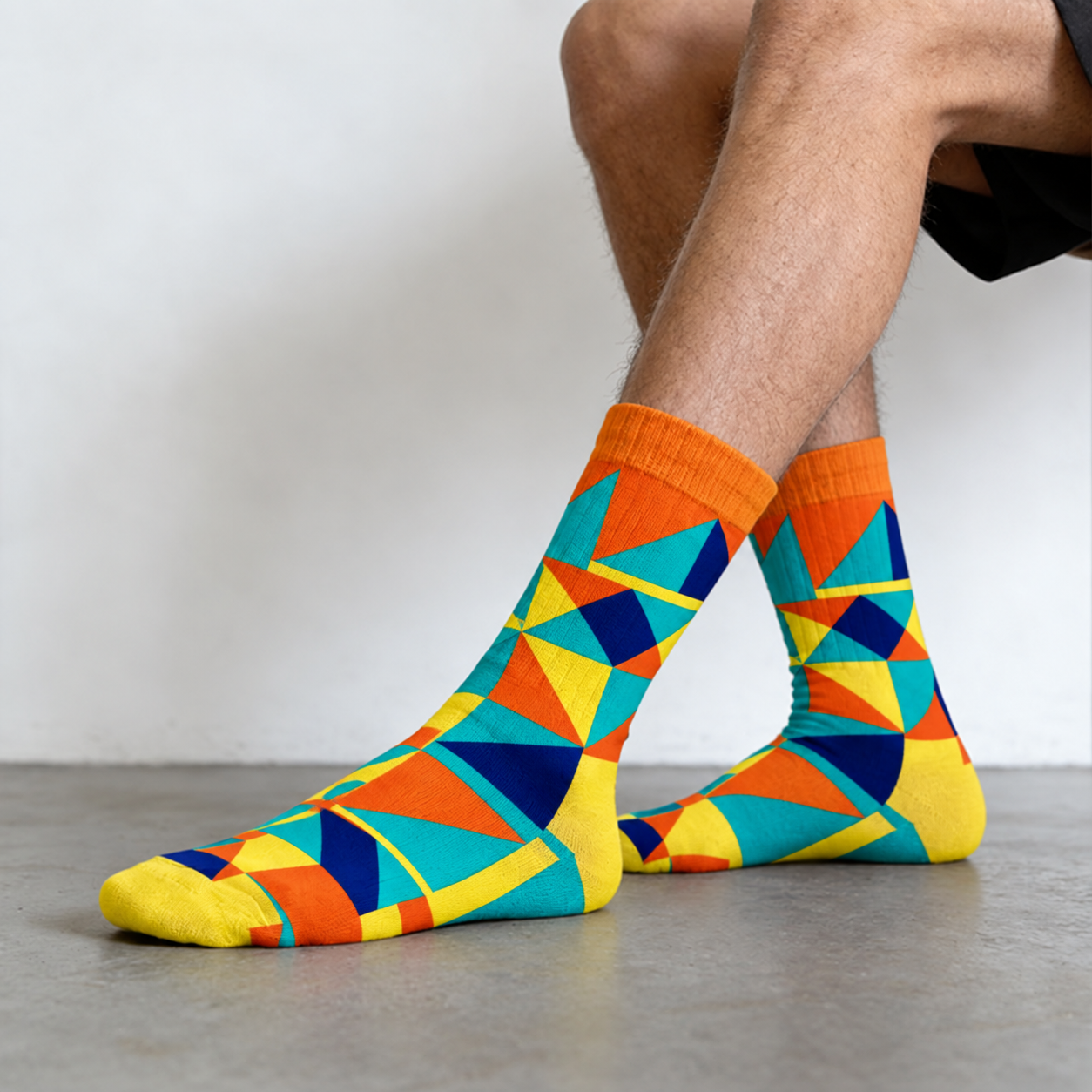 Colorful Retro Sport 01 geometric crew socks worn on foot