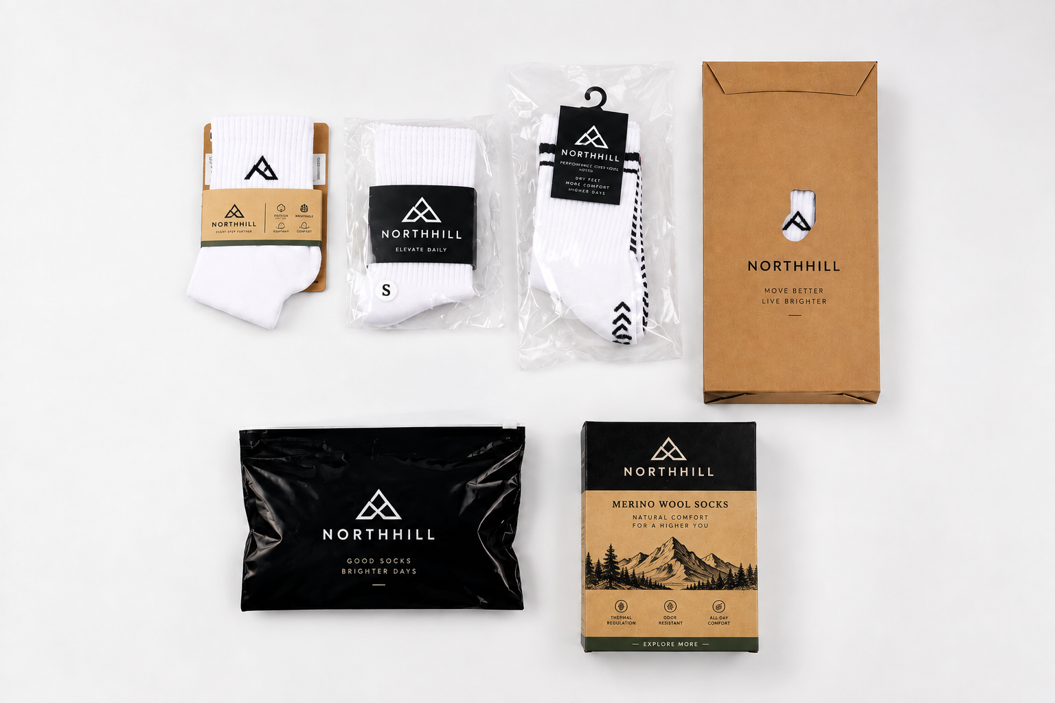 Branded crew sock and retail packaging examples showing logo potential