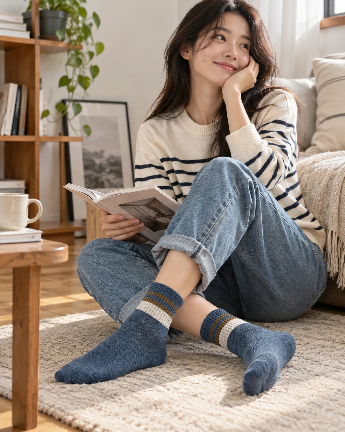 Retro lifestyle crew socks shown in full on foot