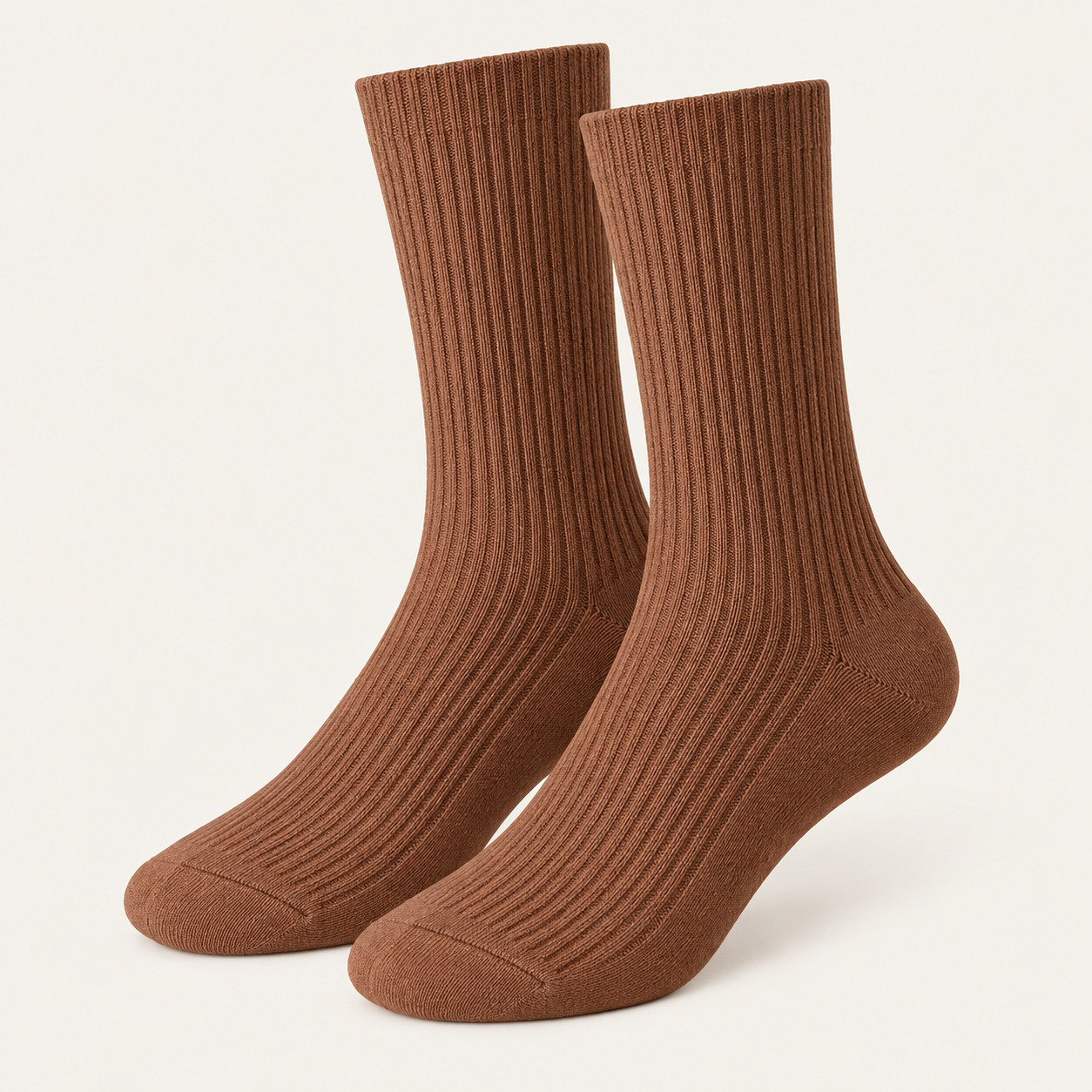 Complete front view of a brown pair of Ribbed Crew 01 socks