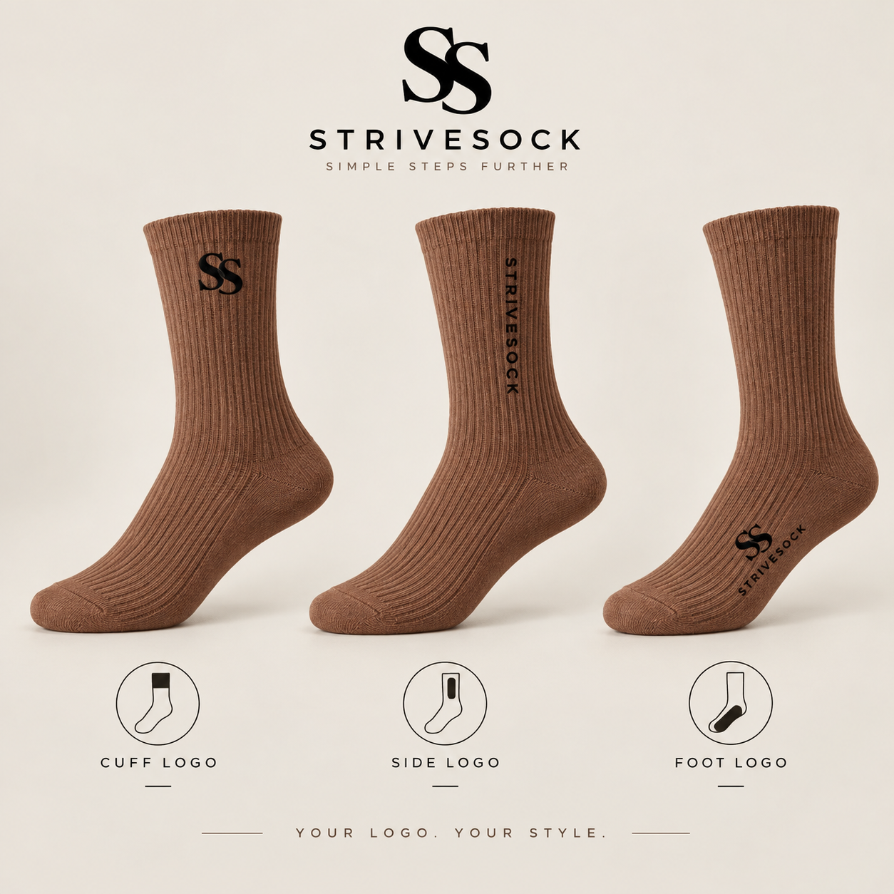 Ribbed Crew 01 examples of subtle cuff, side and foot branding